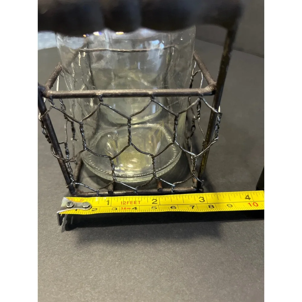 Farmhouse Glass Vase Set 3 Apothecary Bottles in Chicken Wire Caddy Metal Tray